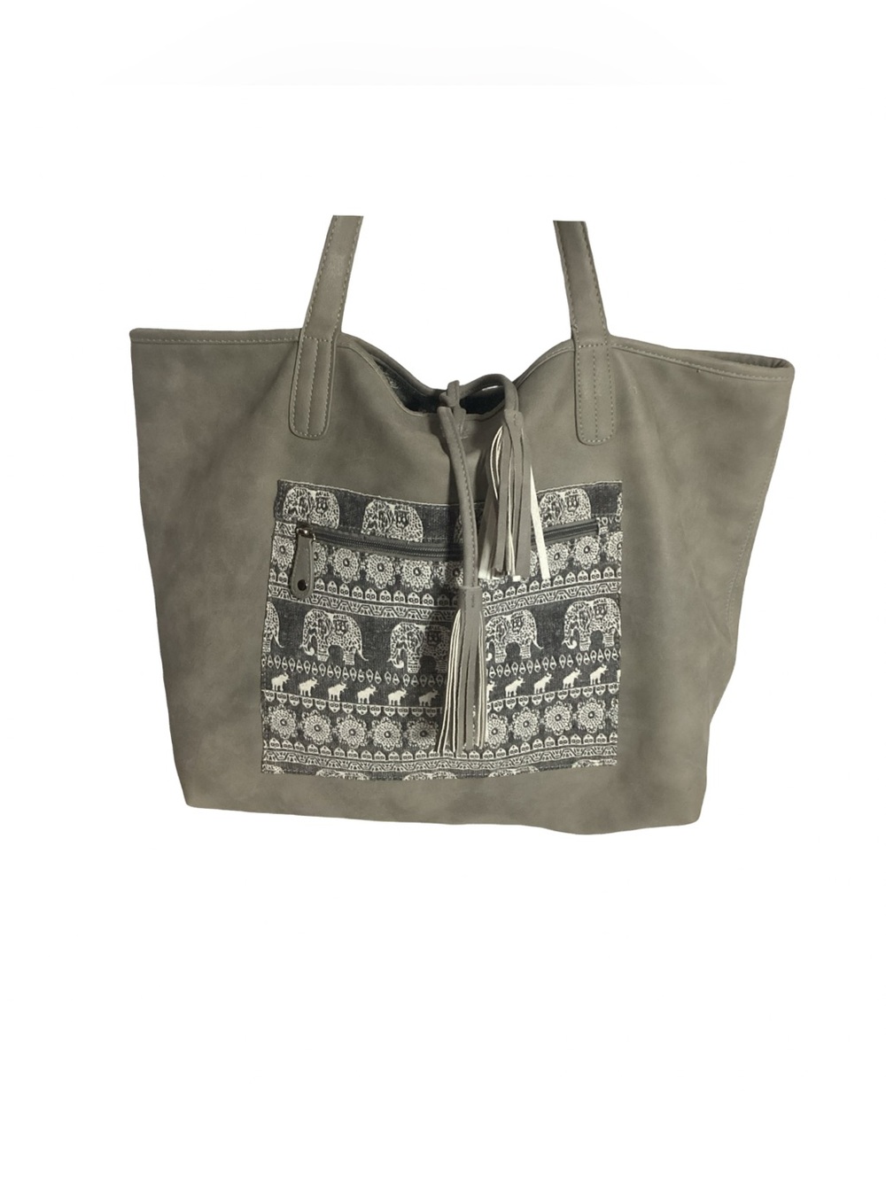 Gray Faux Suede Elephant Print Large Shoulder Tote Bag Reversible EUC